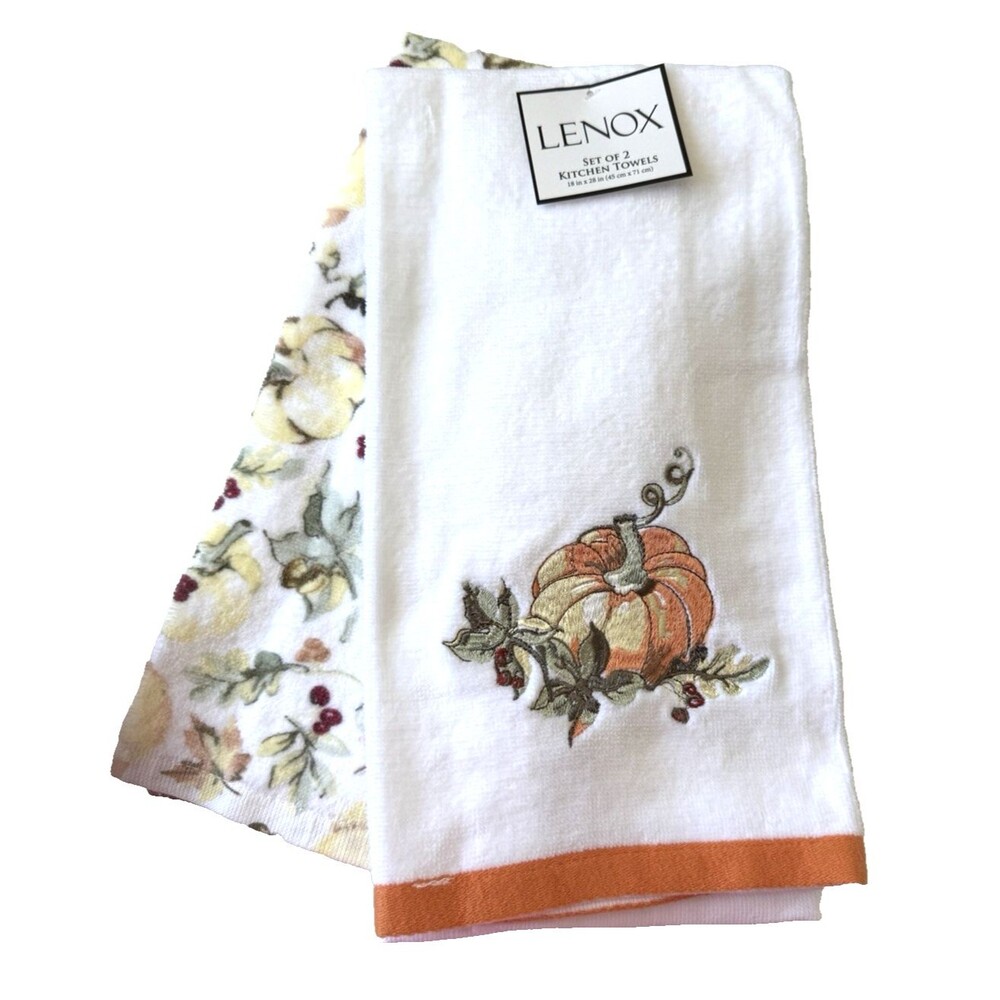 Lenox White Orange Embroidered Pumpkin Kitchen Towels 18x28 Thanksgiving